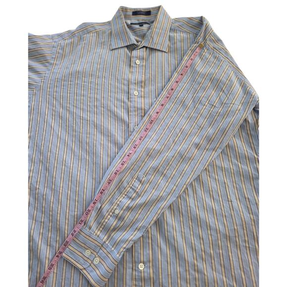 Faconnable Dress Shirt 17.5 L Blue Cream Stripe 100% Cotton Made in USA Button - Picture 6 of 7